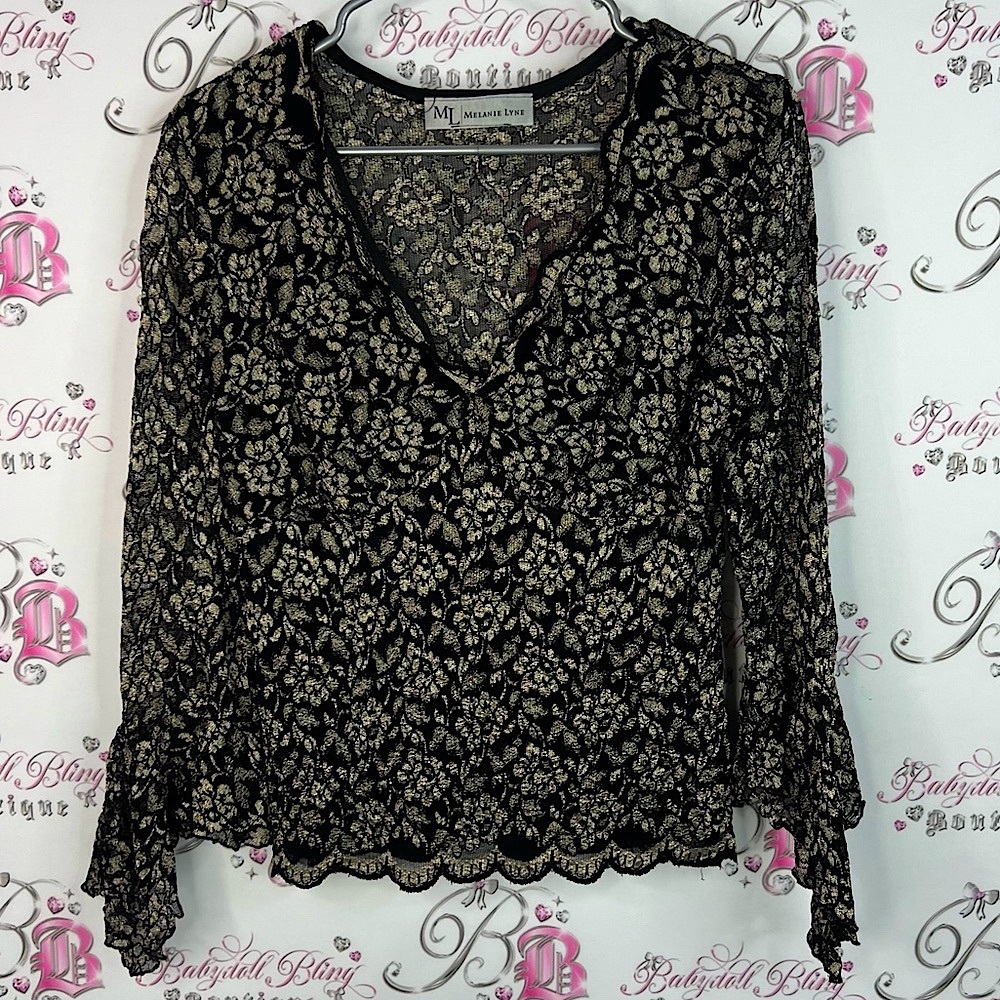 Melanie Lyne long sleeve flare bell bottom Black shiny Gold Floral Lace Blouse